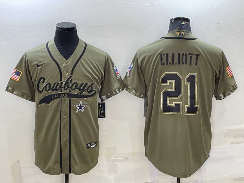 Mens Dallas Cowboys #21 Ezekiel Elliott 2022 Olive Salute to Service Cool Base Stitched Baseball Jersey